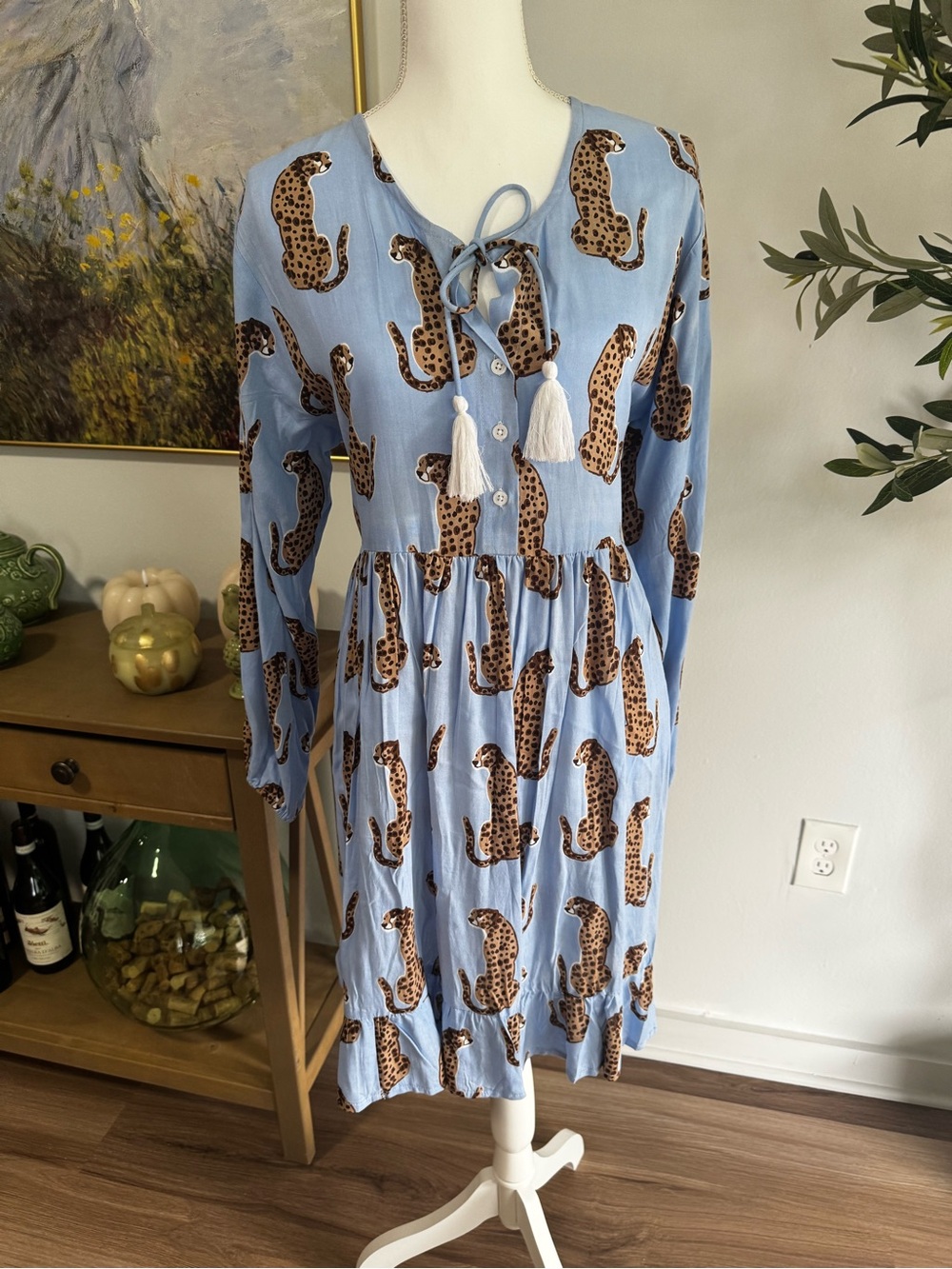 Light Blue Leopard Print Long-Sleeve Tassel Tie Dress